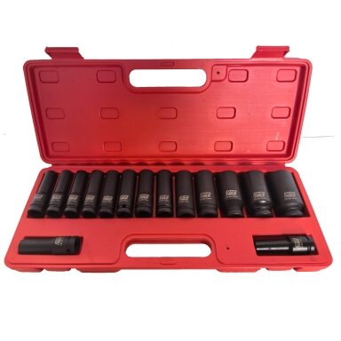 1/2" Prailgintų smūginių galvučių rinkinys 15vnt. (10-32mm) 12-kampės 1/2" Prailgintų smūginių galvučių rinkinys 15vnt. (10-32mm) 12-kampės