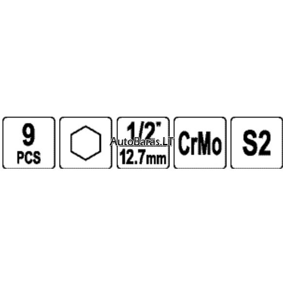 YATO 1/2" Galvučių smūginių su antgaliais rinkinys (HEX) (9vnt) 2