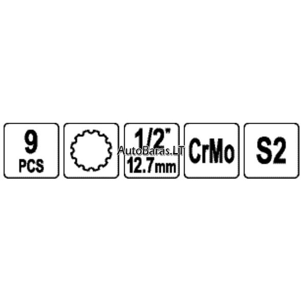 YATO 1/2" Galvučių smūginių su antgaliais rinkinys (SPLINE) (9vnt) 2