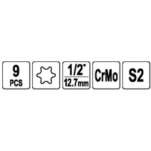 YATO 1/2" Galvučių smūginių su antgaliais rinkinys (torx) (9vnt) 2