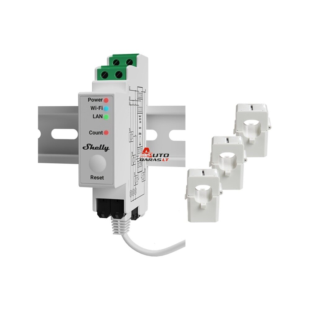 3 fazių elektros sąnaudų skaitiklis Shelly Pro 3EM (DIN, LAN, Wi-Fi, Bluetooth, 3x120A)