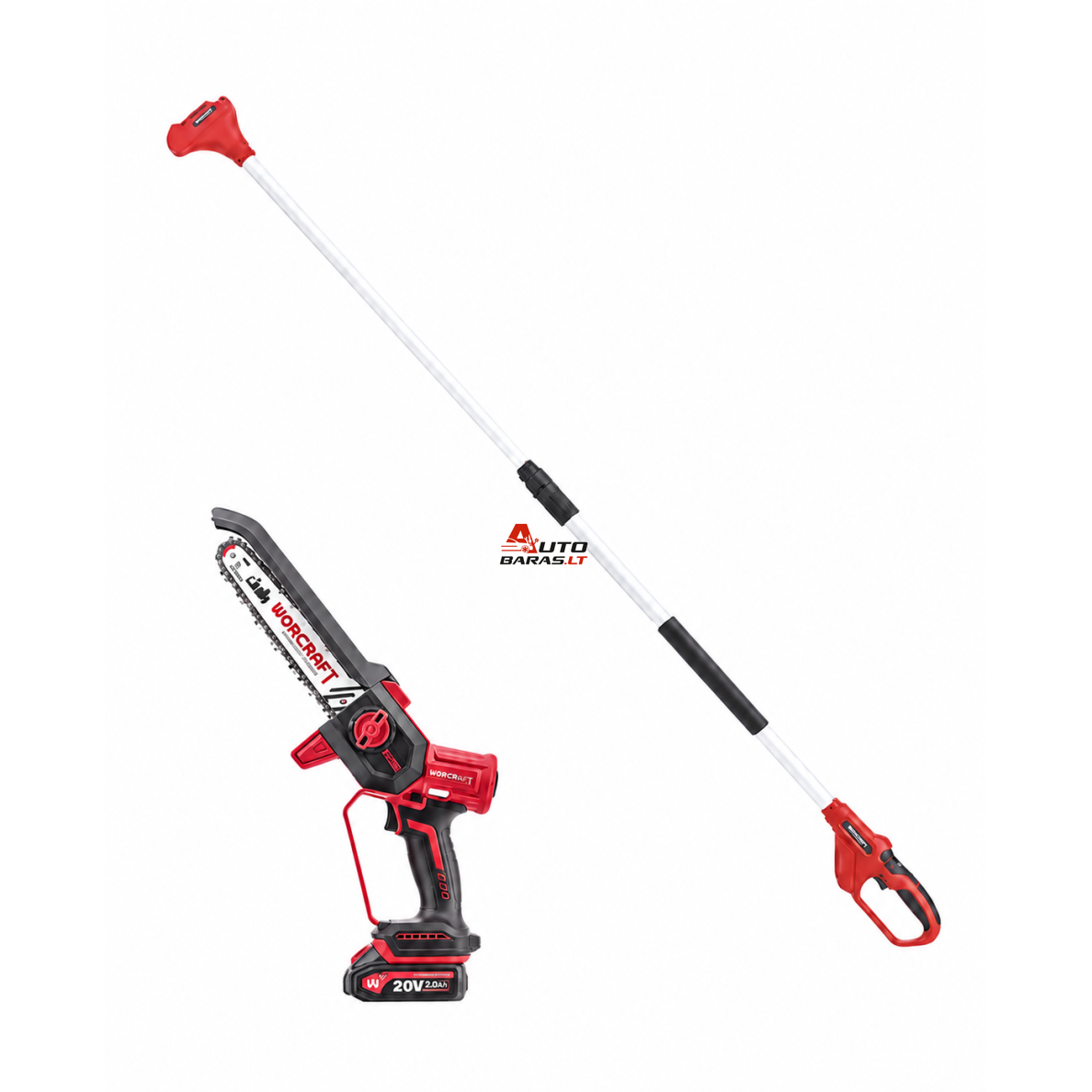 Akumuliatorinis grandininis mini pjūklas 8” su teleskop. prailg. WORCRAFT 20V LI-ION