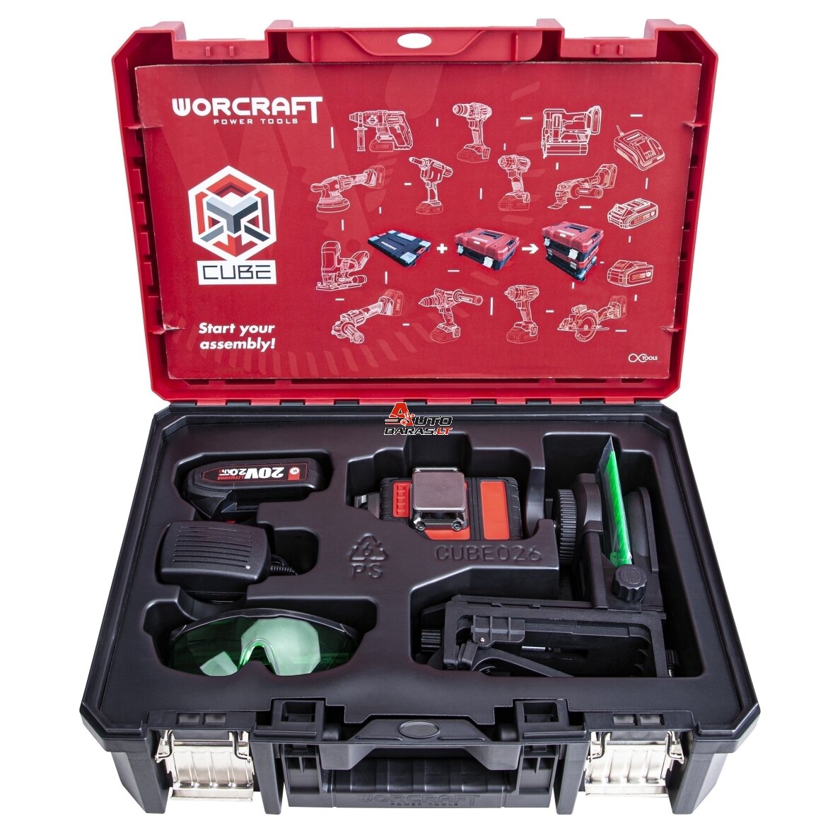 WORCRAFT Akumuliatorinis kryžminių linijų nivelyro 3x3D rinkinys (žalias lazeris) 20V LI-ION (XCUBE dėžė) 1