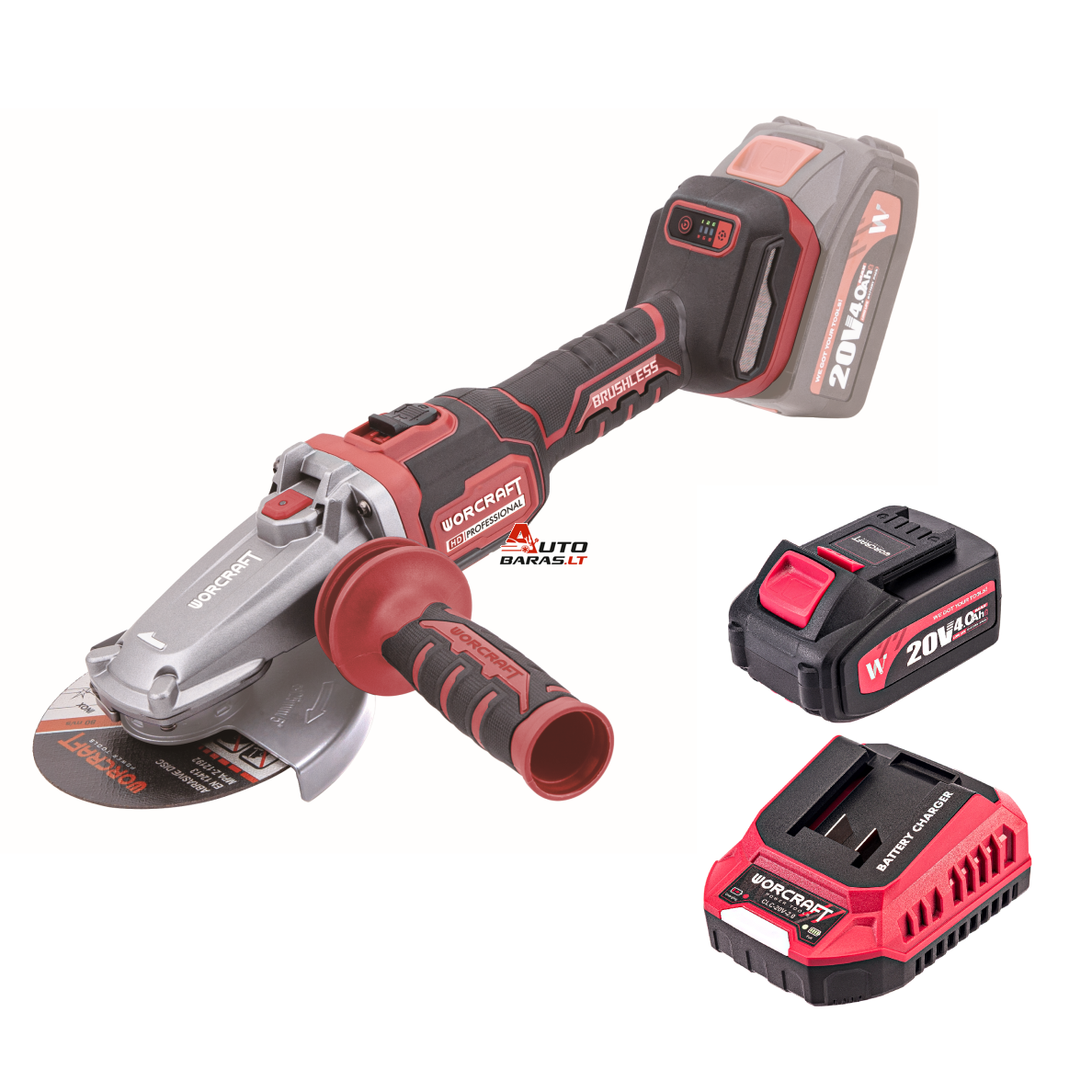 WORCRAFT Akumuliatorinis šlifuoklis kampinis (plokščia galva) 125mm 20V LI-ION 1