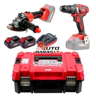 WORCRAFT Akumuliatorinio suktuvo-gręžtuvo ir kampinio šlifuoklio rinkinys 20V LI-ION (XCUBE dėžė)