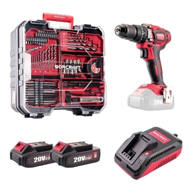 WORCRAFT Akumuliatorinis suktuvas-gręžtuvas su kalimu 20V LI-ION ir priedais 74vnt., 2x2.0Ah
