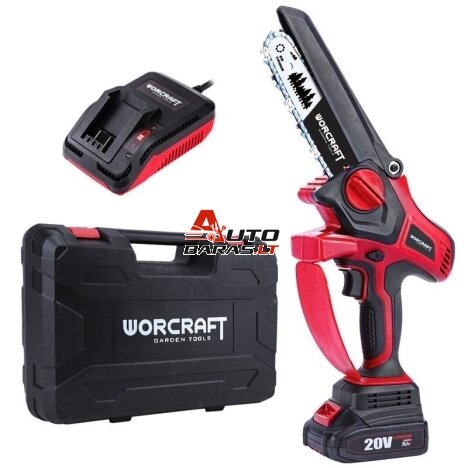 WORCRAFT Akumuliatorinis grandininis mini pjūklas su plastikine dėže 20V LI-ION su akumuliatoriumi 4.0ah ir įkrovikliu WORCRAFT Akumuliatorinis grandininis mini pjūklas su plastikine dėže 20V LI-ION su akumuliatoriumi 4.0ah ir įkrovikliu