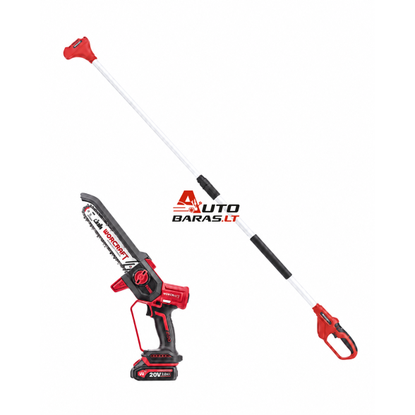 Akumuliatorinis grandininis mini pjūklas 8” su teleskop. prailg. WORCRAFT 20V LI-ION