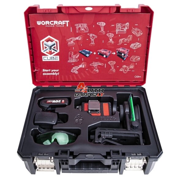 WORCRAFT Akumuliatorinis kryžminių linijų nivelyro 3x3D rinkinys (žalias lazeris) 20V LI-ION (XCUBE dėžė) 1