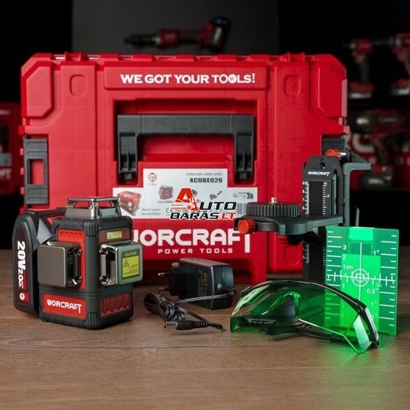 WORCRAFT Akumuliatorinis kryžminių linijų nivelyro 3x3D rinkinys (žalias lazeris) 20V LI-ION (XCUBE dėžė) 8