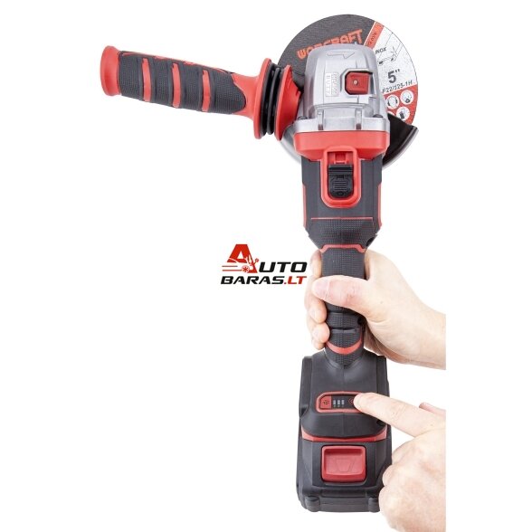 WORCRAFT Akumuliatorinis šlifuoklis kampinis 125mm 20V LI-ION (plastikinė dėžė) 2x4.0ah 2