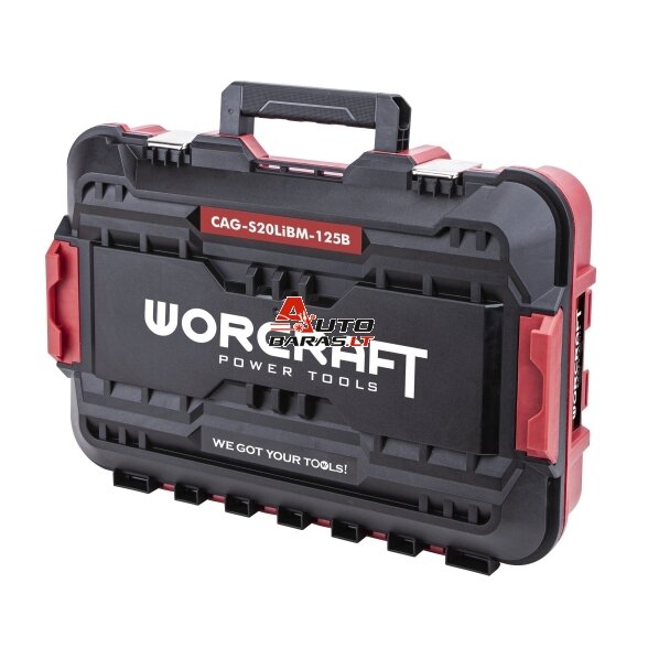 WORCRAFT Akumuliatorinis šlifuoklis kampinis 125mm 20V LI-ION (plastikinė dėžė) 2x4.0ah 4