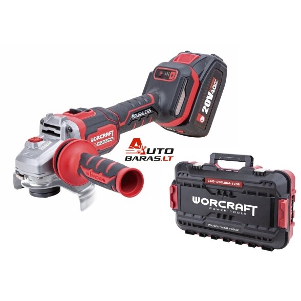 WORCRAFT Akumuliatorinis šlifuoklis kampinis 125mm 20V LI-ION (plastikinė dėžė) 2x4.0ah