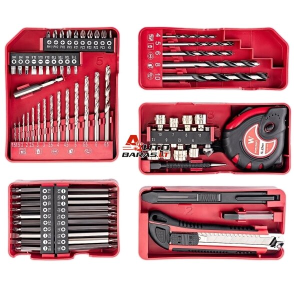 Akumuliatorinis suktuvas-gręžtuvas su kalimu WORCRAFT 20V LI-ION ir priedais 78vnt., 2x2.0Ah 5