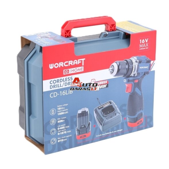 Akumuliatorinis suktuvas-gręžtuvas WORCRAFT su priedais 16.8V LI-ION (pl.dėž.) 1