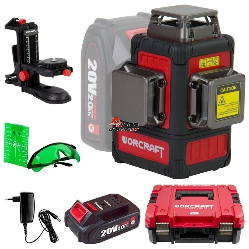 WORCRAFT Akumuliatorinis kryžminių linijų nivelyro 3x3D rinkinys (žalias lazeris) 20V LI-ION (XCUBE dėžė) 2