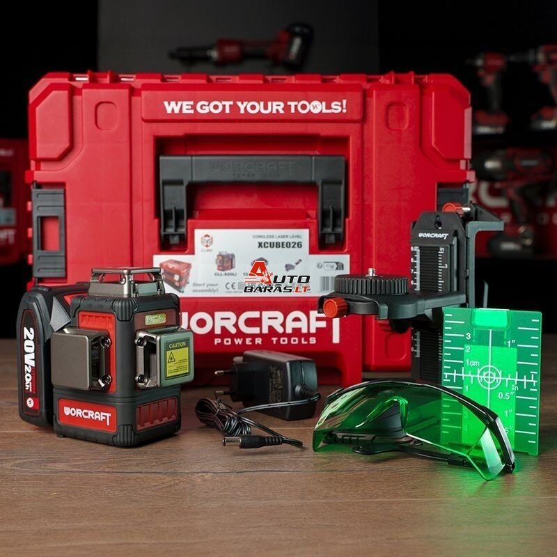 WORCRAFT Akumuliatorinis kryžminių linijų nivelyro 3x3D rinkinys (žalias lazeris) 20V LI-ION (XCUBE dėžė) 8