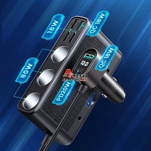 Automobilinis įkroviklis Joyroom 9in1 154W 3x12V, PD USB Type-C, QC3.0 USB-A, 4xUSB-A JR-CL06 1