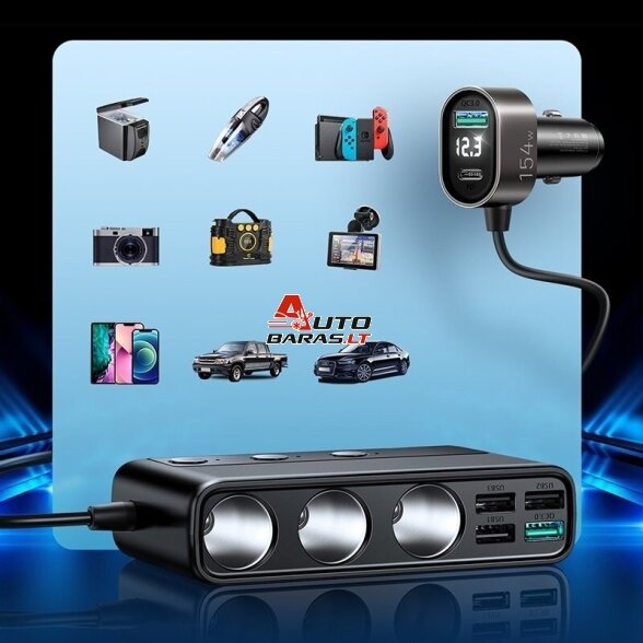 Automobilinis įkroviklis Joyroom 9in1 154W 3x12V, PD USB Type-C, QC3.0 USB-A, 4xUSB-A JR-CL06 5