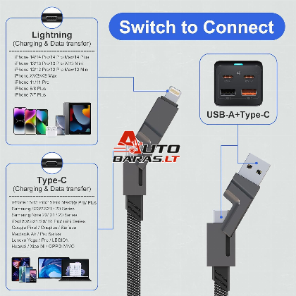 GREITO ĮKROVIMO LAIDAS USB/TYPE-C SU TYPE-C/LIGHTINING 2M 4