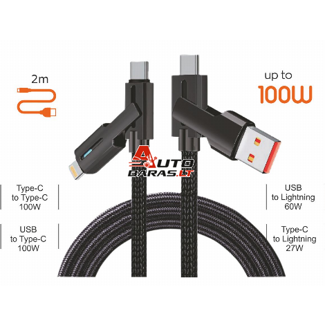 GREITO ĮKROVIMO LAIDAS USB/TYPE-C SU TYPE-C/LIGHTINING 2M 1