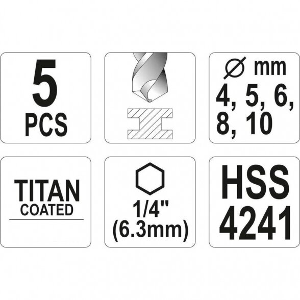 Grąžtų rinkinys HSS 1/4" (5vnt)(titano) 4.0-10.0mm 2