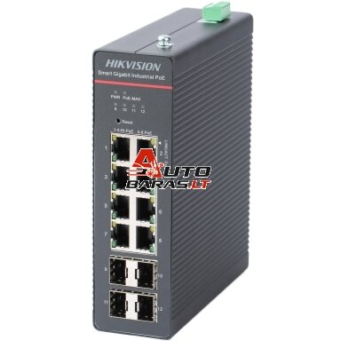 Hikvision 12 prievadų 8 PoE pramoninis valdomas komutatorius DS-3T1512HP-SI-8P4F