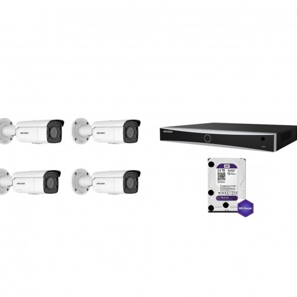 HIKVISION 8mp 4k komplektas - 4x F2.8 kameros Bullet ColorVu / NVR 8 kanalų / 2TB WD / 4x Montavimo bazės