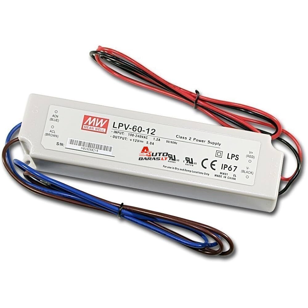 Impulsinis maitinimo šaltinis LED 12V 60W 5A IP67, Mean well, LPV-60-12