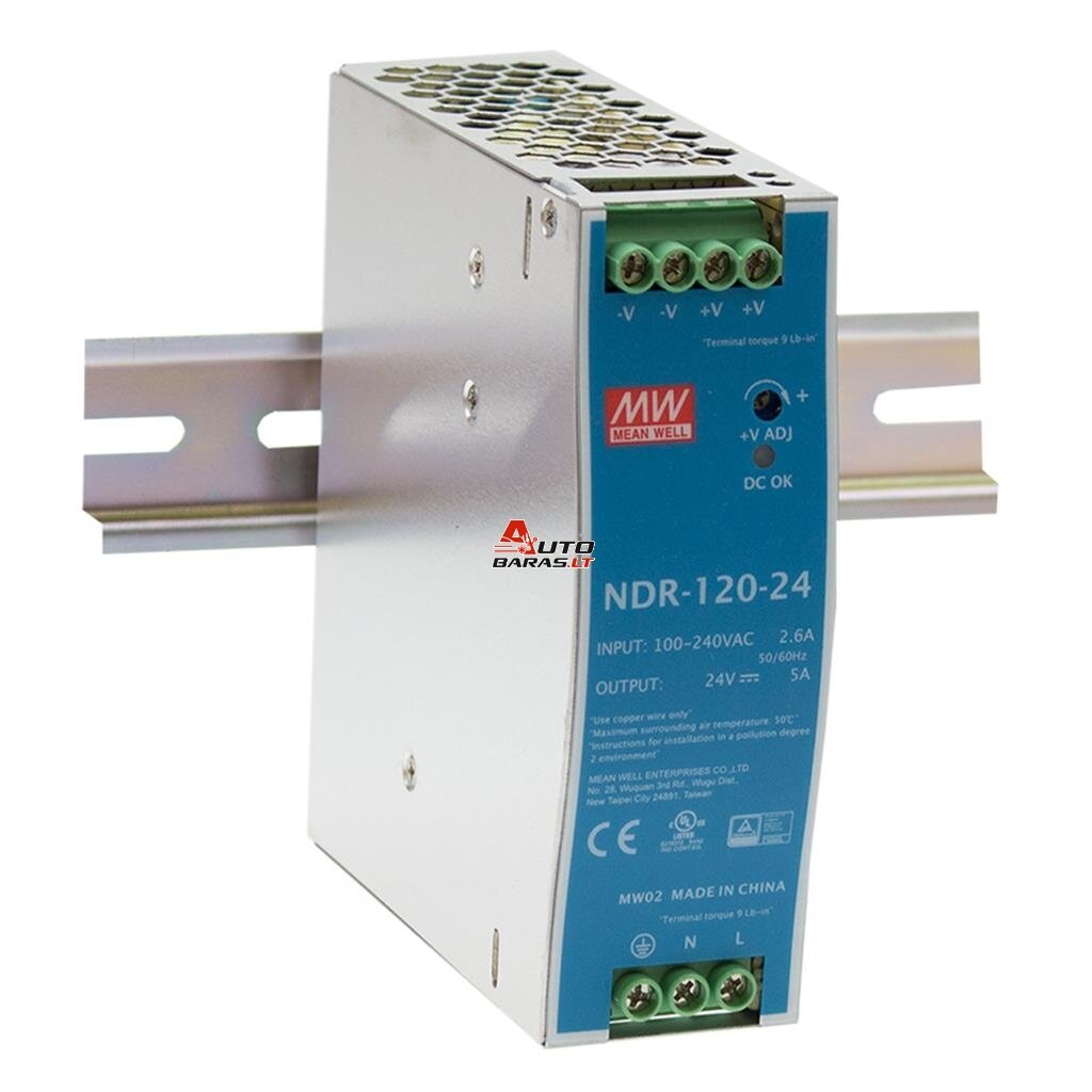 Impulsinis maitinimo šaltinis 24V 120W 5A, tvirtinamas ant DIN bėgio, MEAN WELL, NDR-120-24