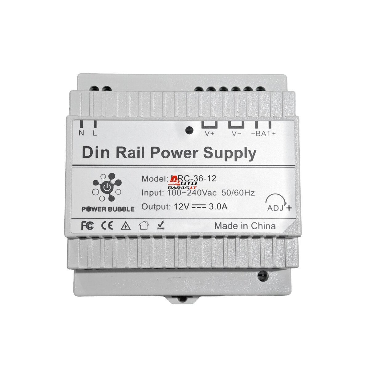 Impulsinis maitinimo šaltinis 12V 36W 3A su rezervinio maitinimo funkcija UPS, tvirtinamas ant DIN bėgio