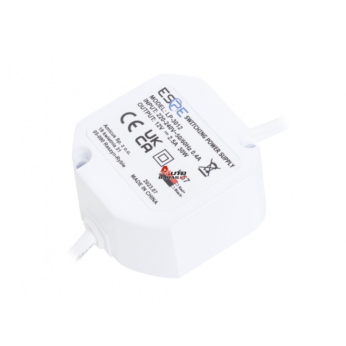 Impulsinis maitinimo šaltinis ESPE LP-3012 (30W, 2.5A/12V, hermetinis IP67, 50x47x25)