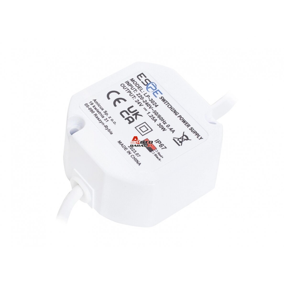 Impulsinis maitinimo šaltinis ESPE LP-3024 (30W, 1.25A/24V, hermetinis IP67, 50x47x25)