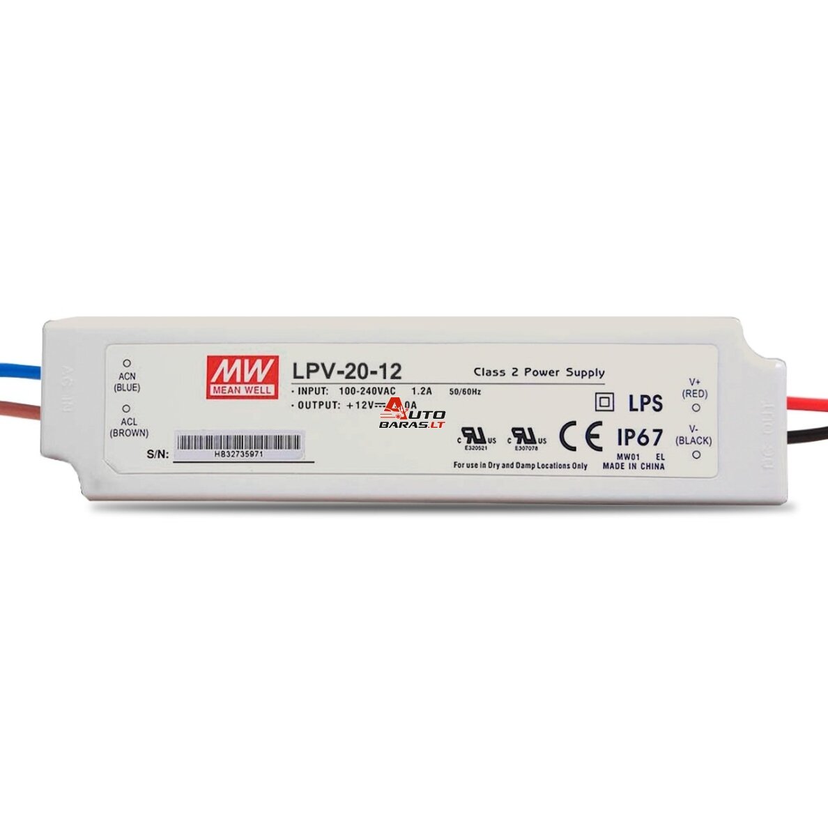 Impulsinis maitinimo šaltinis LED 12V 20W 1.67A IP67, Mean well, LPV-20-12