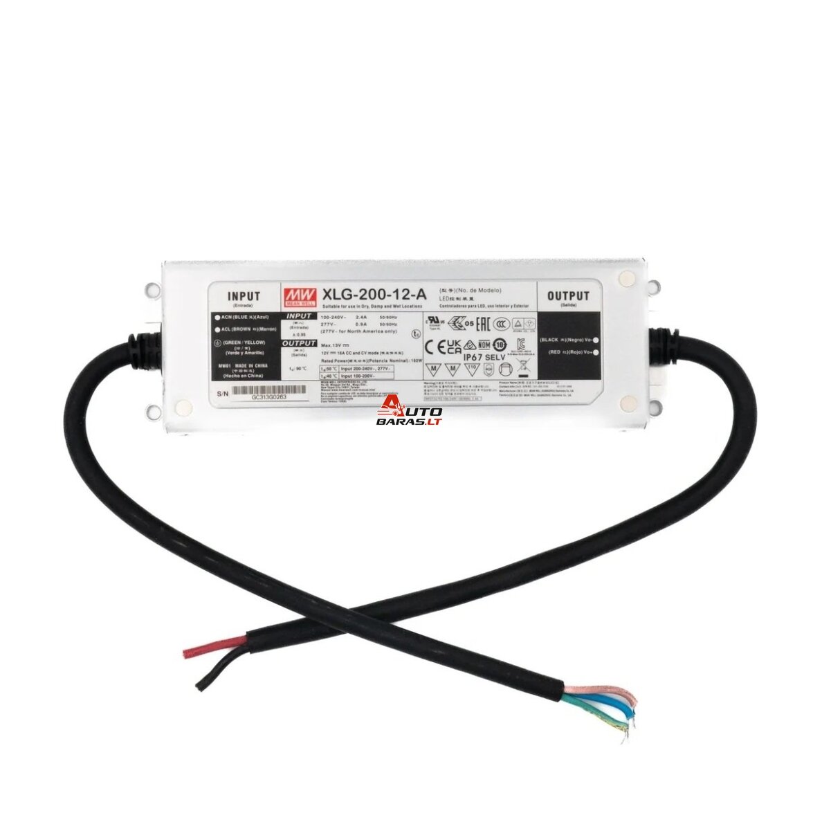 Impulsinis maitinimo šaltinis LED 200W 12V 16A IP67, dimeriuojamas, Mean well XLG-200-12-A