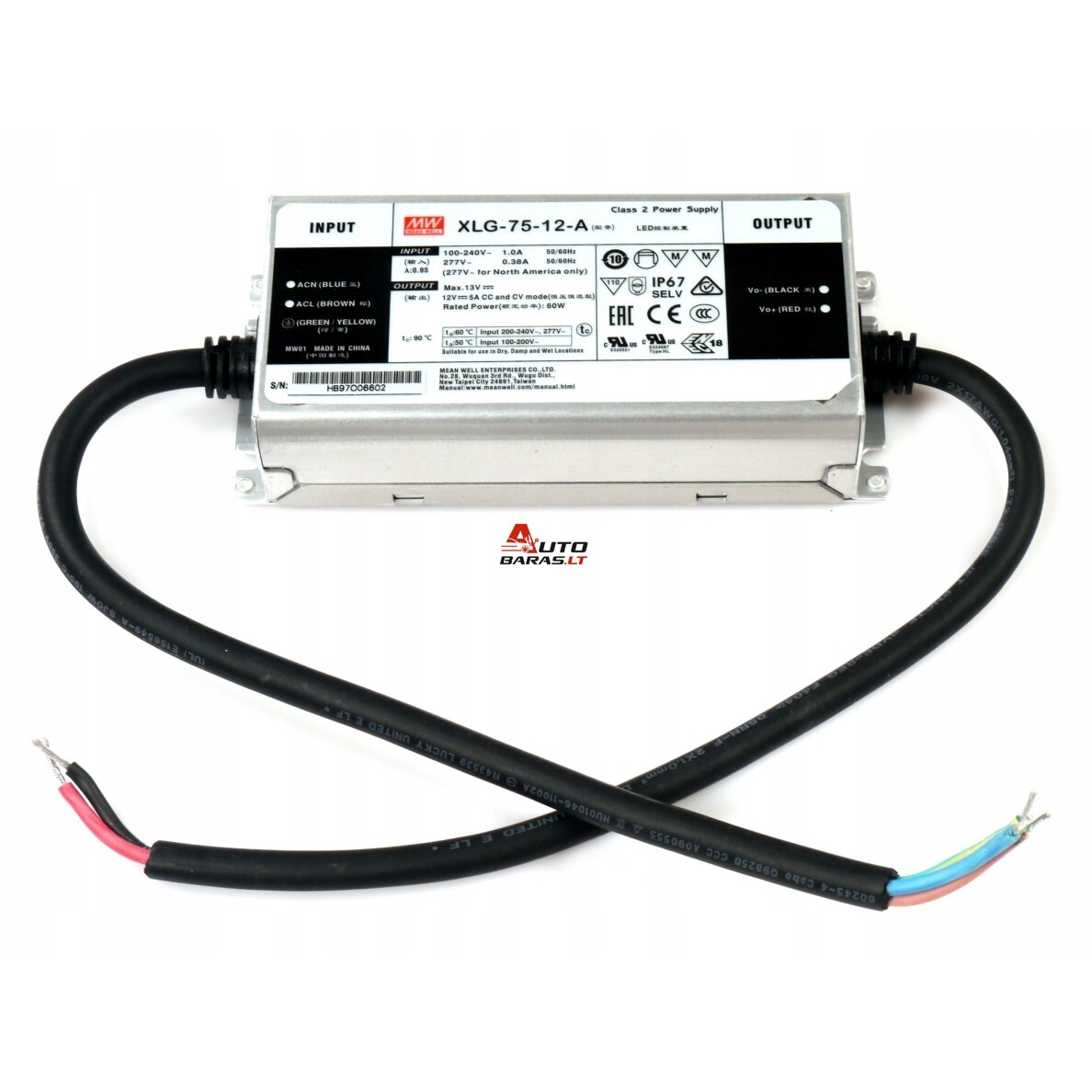Impulsinis maitinimo šaltinis LED 60W 12V 5A IP67, dimeriuojamas, Mean well XLG-75-12-A