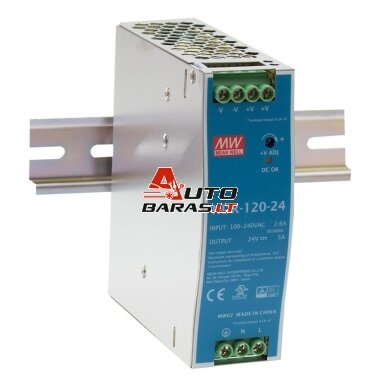 Impulsinis maitinimo šaltinis 24V 120W 5A, tvirtinamas ant DIN bėgio, MEAN WELL, NDR-120-24 Impulsinis maitinimo šaltinis 24V 120W 5A, tvirtinamas ant DIN bėgio, MEAN WELL, NDR-120-24