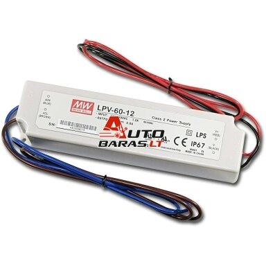 Impulsinis maitinimo šaltinis LED 12V 60W 5A IP67, Mean well, LPV-60-12