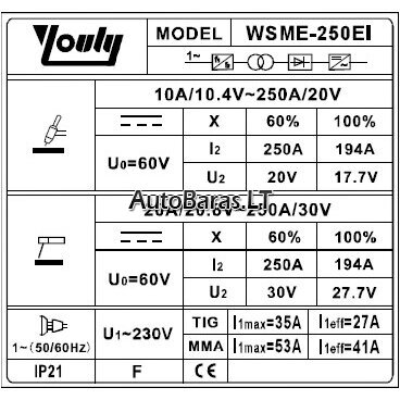 YOULI Inverterinis suvirinimo aparatas WSME250EI 230V (IGBT) AC/DC, TIG/ MMA 250A vienfazis 1