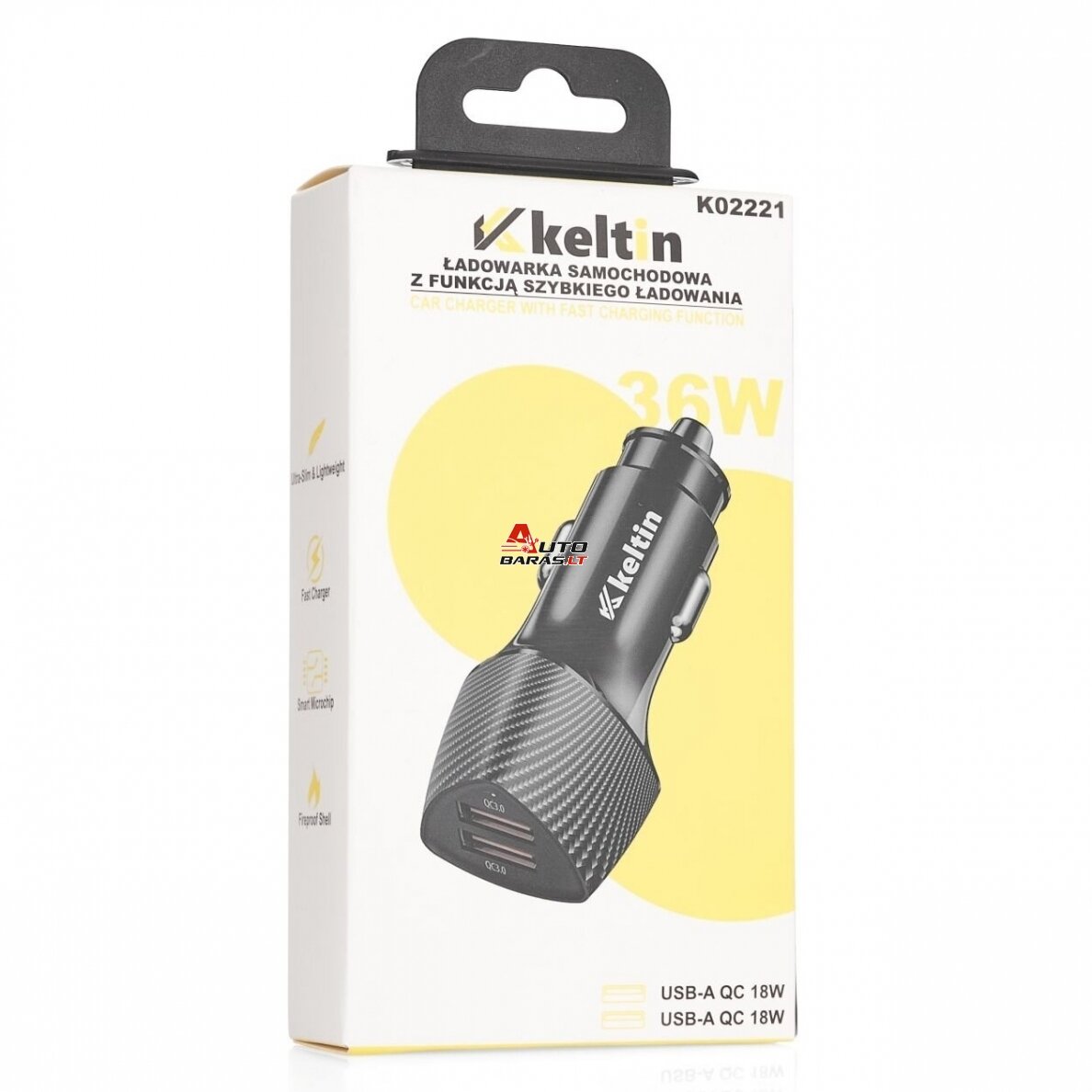 KELTIN automobilinis +12V USB kroviklis 36W 7.2A (QC3.0) 3
