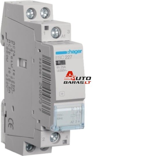 Kontaktorius Hager ESC227 (1P, 25A, 230V, 1NO+1NC, 1 mod.)