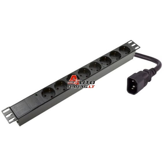 Maitinimo panelė spintai 19" (8x220V Schuko, įeinanti jungtis C14, plastikinis korpusas, 2m kabelis)