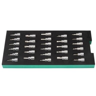 SATA Padėklas. Galvučių su antgaliais rinkinys 3/8" (pl./PH/PZ/HEX/torx) 28vnt. SATA Padėklas. Galvučių su antgaliais rinkinys 3/8" (pl./PH/PZ/HEX/torx) 28vnt.