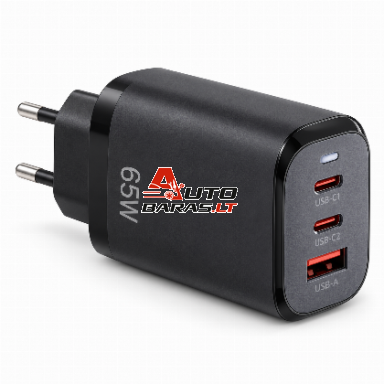 PAKROVĖJAS / ADAPTERIS 65W 2VNT TYPE-C, 1VNT USB JUODAS QC 3.0 PAKROVĖJAS / ADAPTERIS 65W 2VNT TYPE-C, 1VNT USB JUODAS QC 3.0