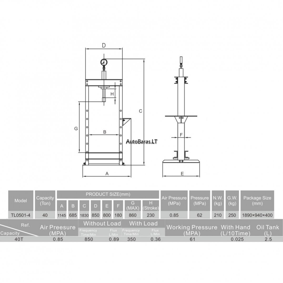 Pneumatinis / hidraulinis presas su manometru 40t 1 Pneumatinis / hidraulinis presas su manometru 40t 1