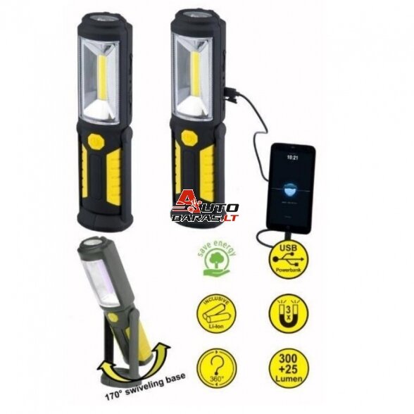 Prožektorius darbui COB (3W) + LED5 (įkraunamas) 3