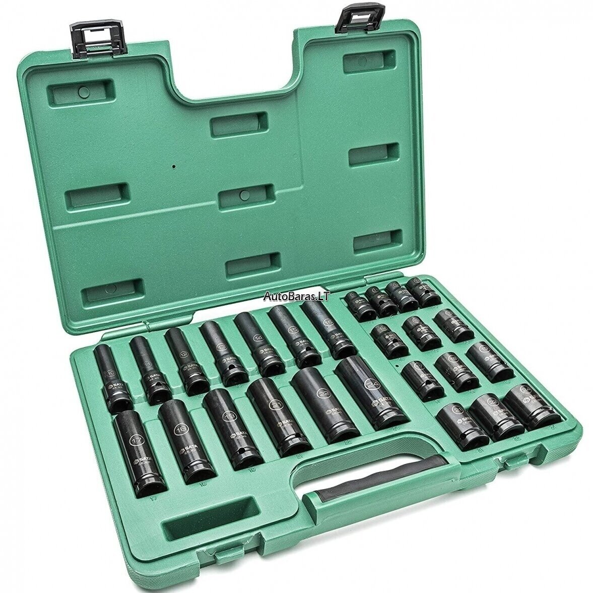 SATA 1/2" PRAILGINTŲ IR TRUMPŲ SMŪGINIŲ GALVUČIŲ RINKINYS (10-24MM)(26VNT) (PLONASIENĖS)