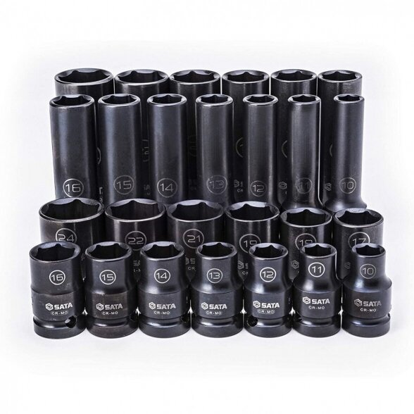 SATA 1/2" PRAILGINTŲ IR TRUMPŲ SMŪGINIŲ GALVUČIŲ RINKINYS (10-24MM)(26VNT) (PLONASIENĖS) 3