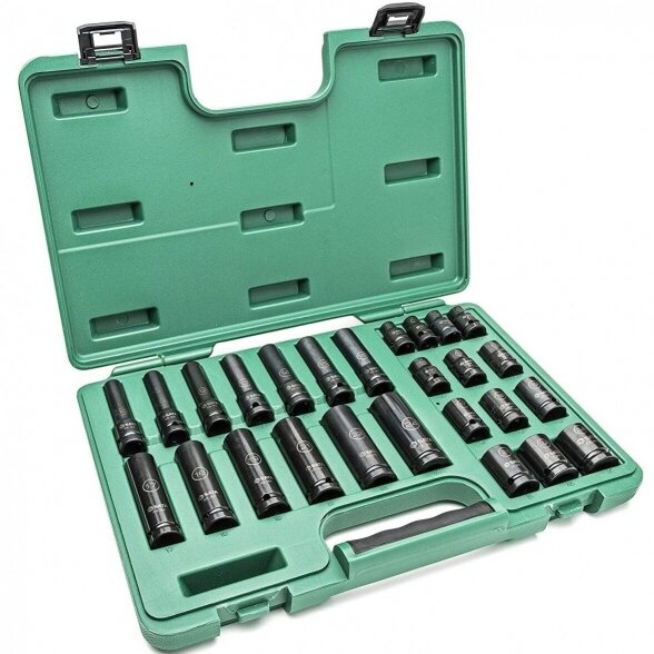 SATA 1/2" PRAILGINTŲ IR TRUMPŲ SMŪGINIŲ GALVUČIŲ RINKINYS (10-24MM)(26VNT) (PLONASIENĖS)