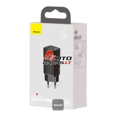 Sieninis įkroviklis Baseus GaN2 Lite CCGAN2L-B01 (Juodas, 65 W, USB-C + USB, QC4+, PD3.0)